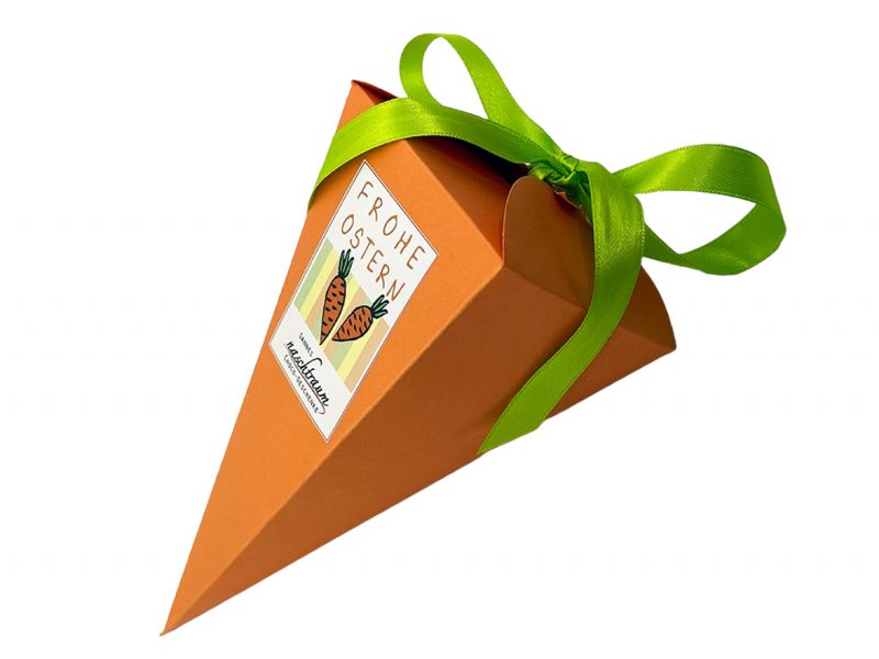 Edle Pralinen-Ostereier in Karottenverpackung