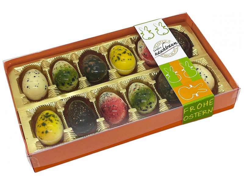 12 gefüllte Schokoladen Ostereier in Klarsichtverpackung