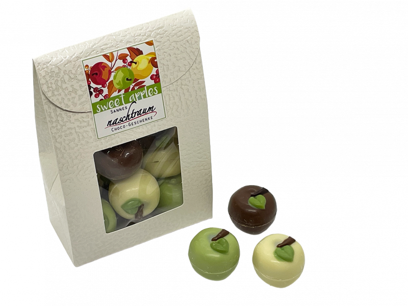 10 süße Äpfel aus gefüllter Schokolade in Taschenverpackung