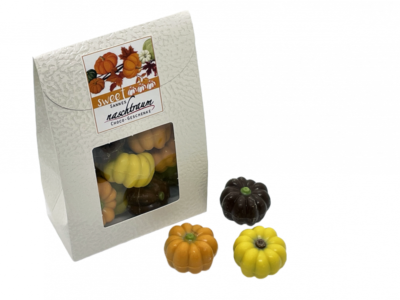 10 süße Kürbisse aus gefüllter Schokolade in Taschenverpackung