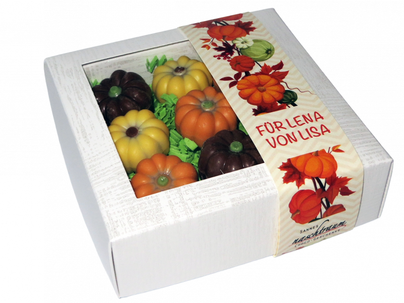 9 süße Kürbisse aus gefüllter Schokolade in Geschenkbox