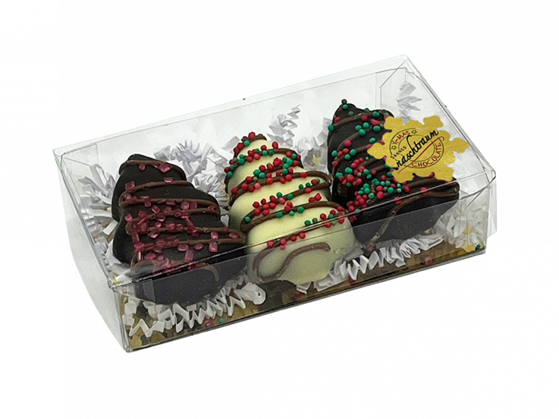 3 süße Tannen aus gefüllter Schokolade