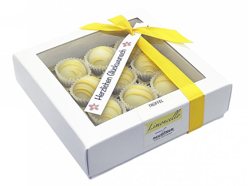 9 handgemachte Limoncello-Trüffel in weißer Geschenkbox mit personalisiertem Anhänger