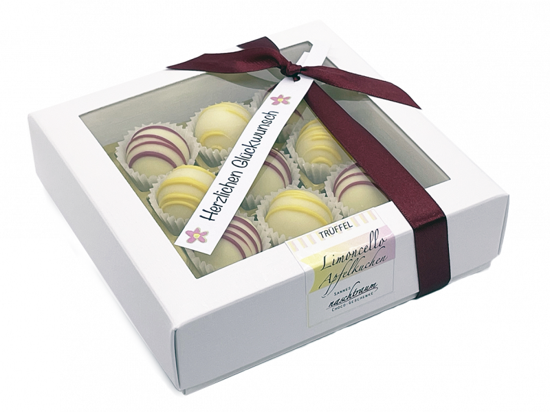 Gemischte Trüffelbox mit Limoncello- und Apfelkuchen-Pralinen und individuellem Text-Anhänger