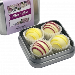 Silberne Metalldose mit Rosa-Lila Rosen-Banderole, Aufdruck Alles Liebe und Sannes Naschtraum Logo.