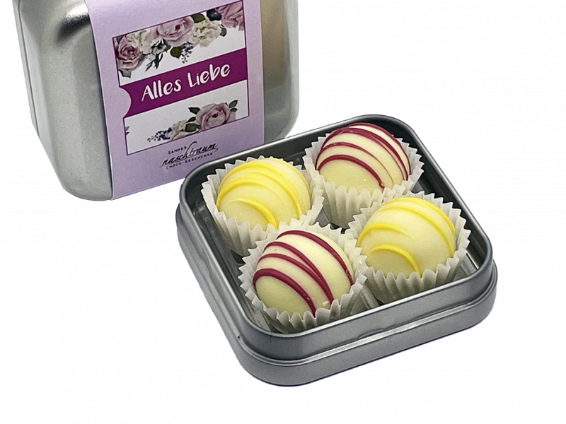 Silberne Metalldose mit Rosa-Lila Rosen-Banderole, Aufdruck Alles Liebe und Sannes Naschtraum Logo.