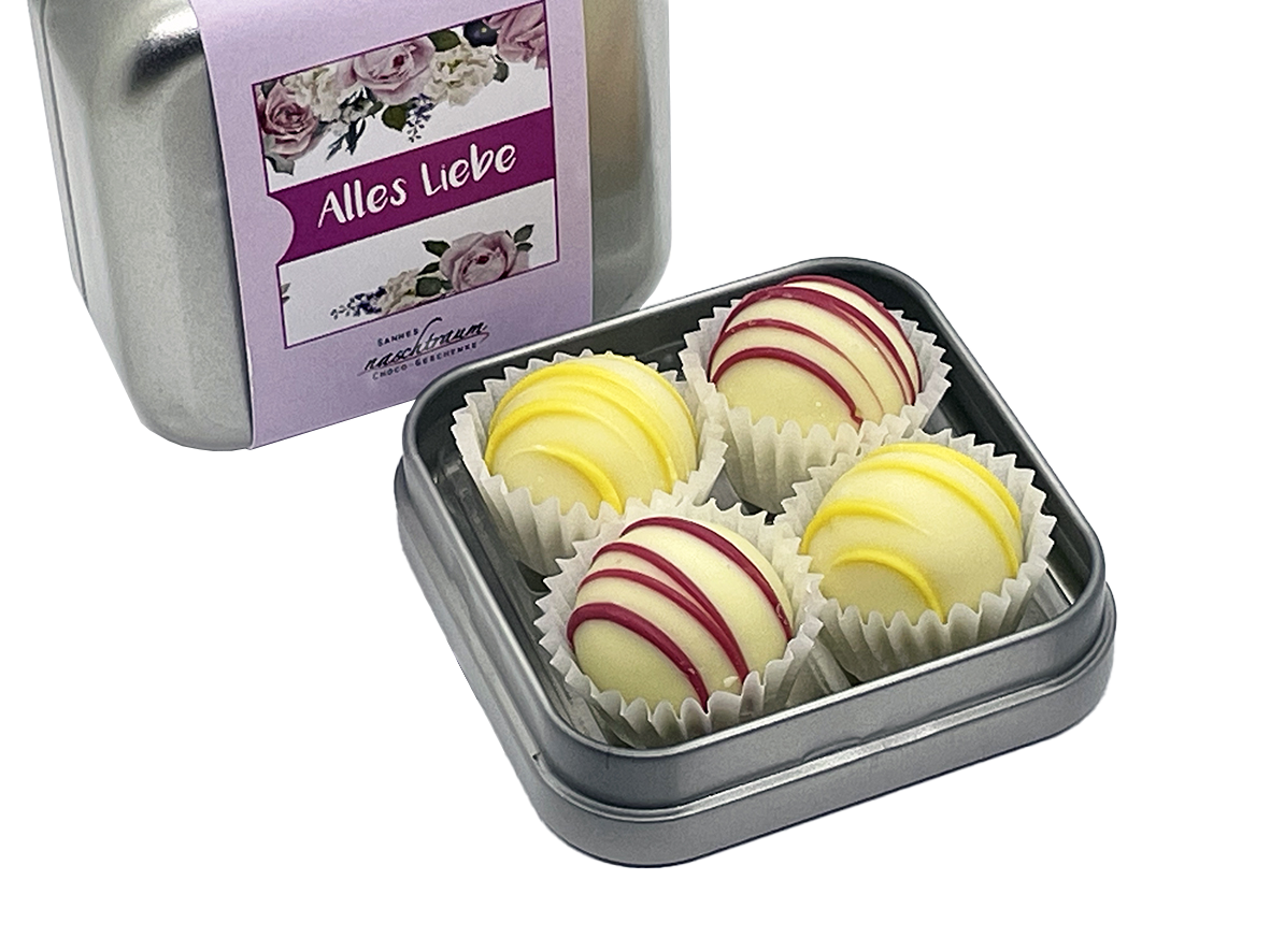 Silberne Metalldose mit Rosa-Lila Rosen-Banderole, Aufdruck Alles Liebe und Sannes Naschtraum Logo.