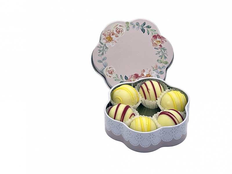 Rosafarbene Blumentraum-Dose mit 6 Limoncello- und Apfelkuchen-Trüffeln von sannes naschtraum.