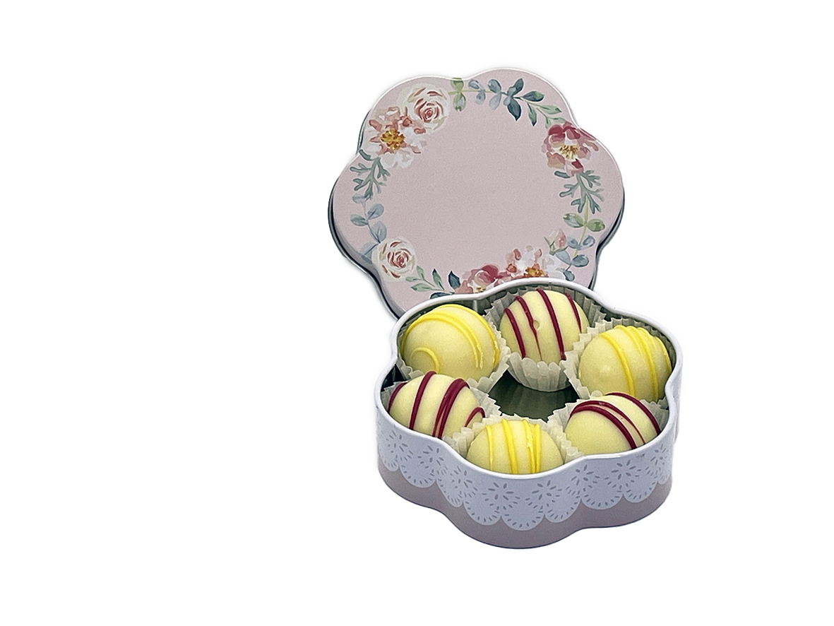 Rosafarbene Blumentraum-Dose mit 6 Limoncello- und Apfelkuchen-Trüffeln von sannes naschtraum.