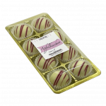 8er Set handgemachte Apfelkuchen-Trüffel in transparenter Geschenkverpackung.