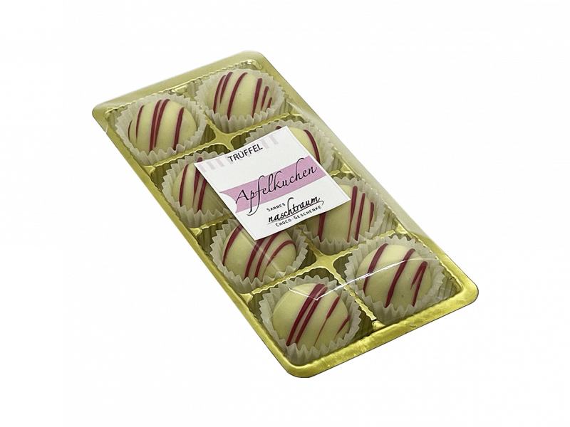 8er Set handgemachte Apfelkuchen-Trüffel in transparenter Geschenkverpackung.