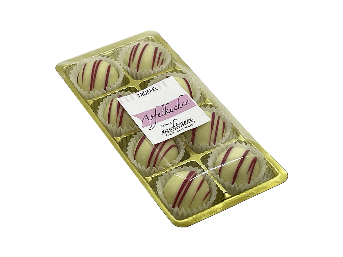 8er Set handgemachte Apfelkuchen-Trüffel in transparenter Geschenkverpackung.