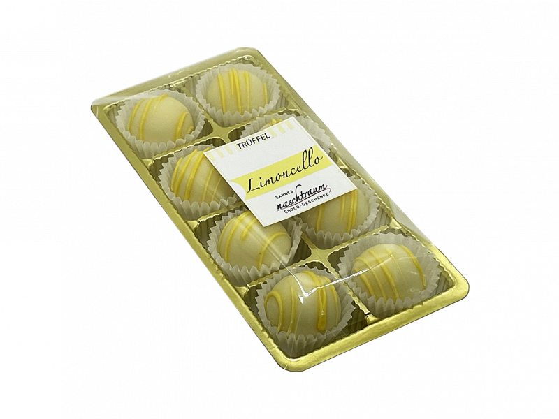 Acht handgemachte Limoncello-Trüffel in Cellophan-Verpackung von Sannes Naschtraum.