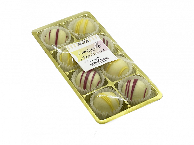 Gemischtes Pralinen-Set mit 8 Trüffeln in den Sorten Limoncello und Apfelkuchen von Sannes Naschtraum.