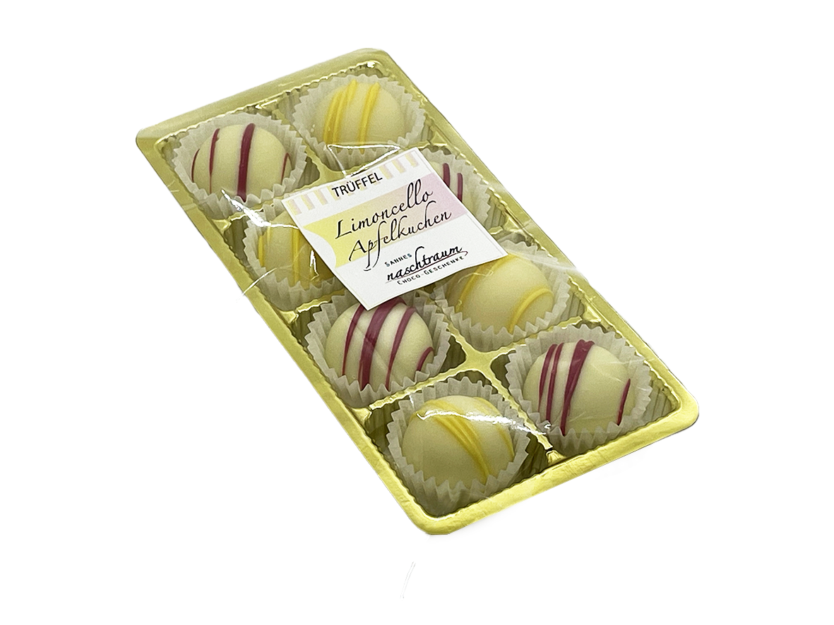 Gemischtes Pralinen-Set mit 8 Trüffeln in den Sorten Limoncello und Apfelkuchen von Sannes Naschtraum.