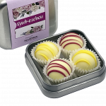 Geschenkdose Dankeschön von Sannes Naschtraum, silberne Dose mit floralem Rosenmuster in Lila-Rosa und Pralinenfüllung.