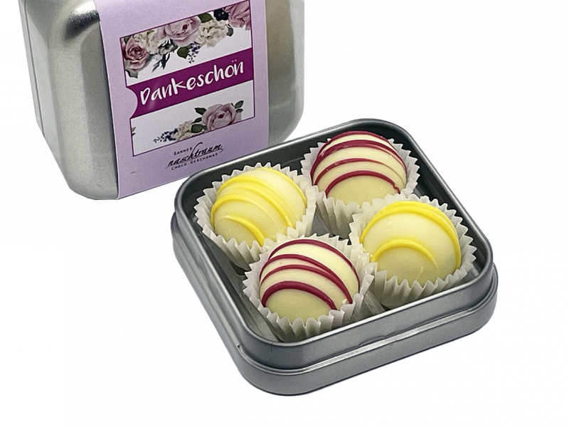 Geschenkdose Dankeschön von Sannes Naschtraum, silberne Dose mit floralem Rosenmuster in Lila-Rosa und Pralinenfüllung.