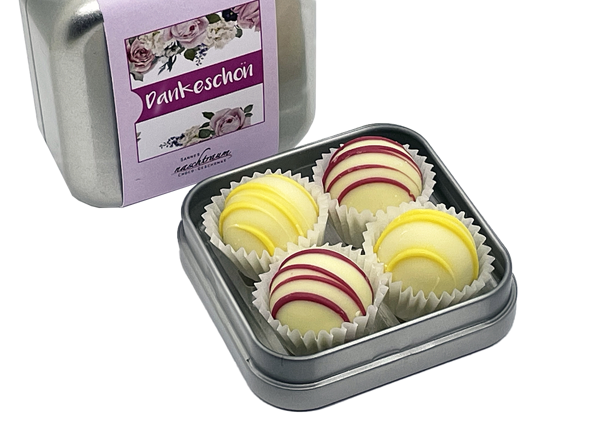 Geschenkdose Dankeschön von Sannes Naschtraum, silberne Dose mit floralem Rosenmuster in Lila-Rosa und Pralinenfüllung.