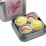 Geschenkdose zum Muttertag in Silber mit rosa Banderole und 4 edlen Trüffeln in den Sorten Limoncello und Apfelkuchen von Sannes Naschtraum.