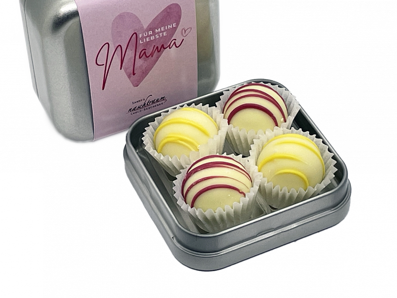 Geschenkdose zum Muttertag in Silber mit rosa Banderole und 4 edlen Trüffeln in den Sorten Limoncello und Apfelkuchen von Sannes Naschtraum.