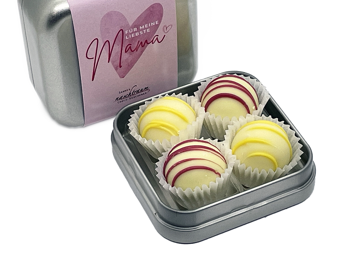 Geschenkdose zum Muttertag in Silber mit rosa Banderole und 4 edlen Trüffeln in den Sorten Limoncello und Apfelkuchen von Sannes Naschtraum.